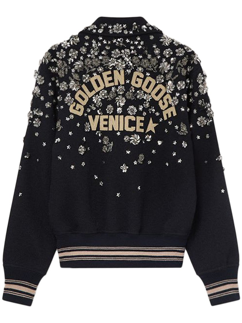 Golden Goose Textured Wool Slim Bomber Jacket With Floral Embroidery