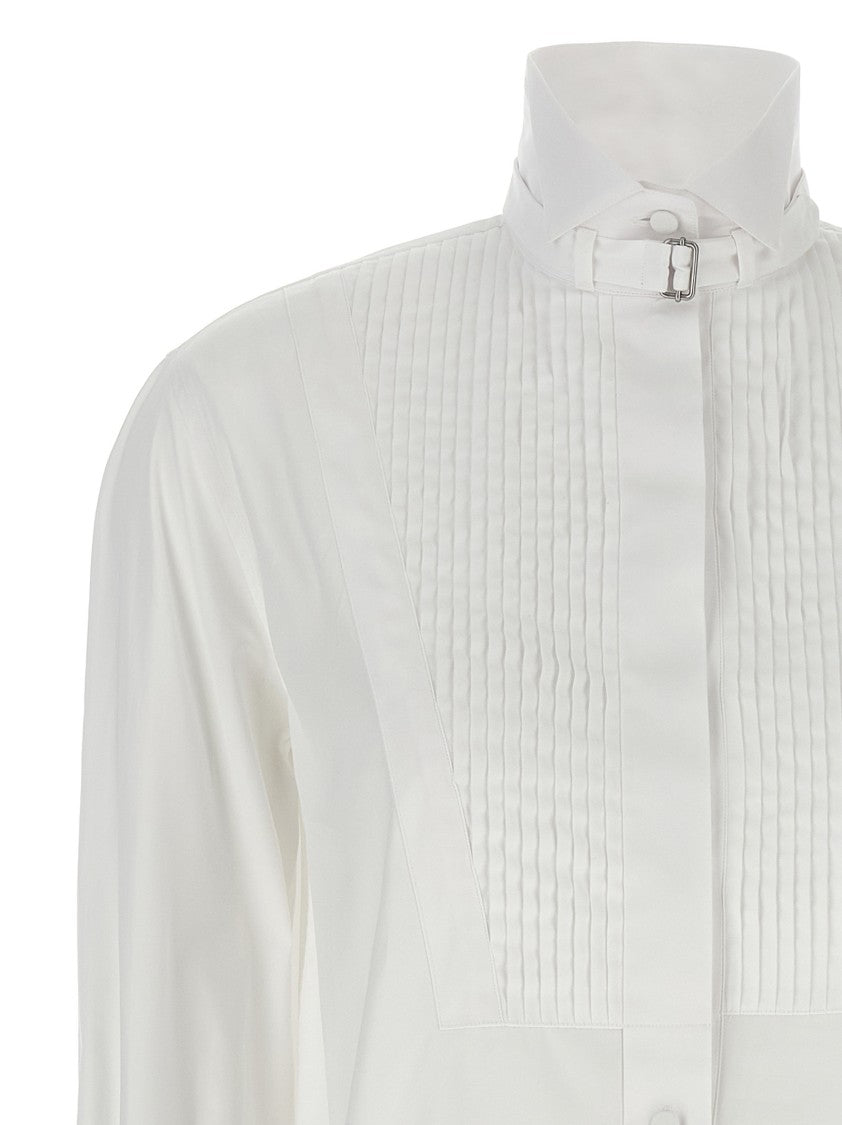 Mcqueen Tuxedo Cotton Poplin Shirt With Pleated Plastron And Contrast Skull Embroidery
