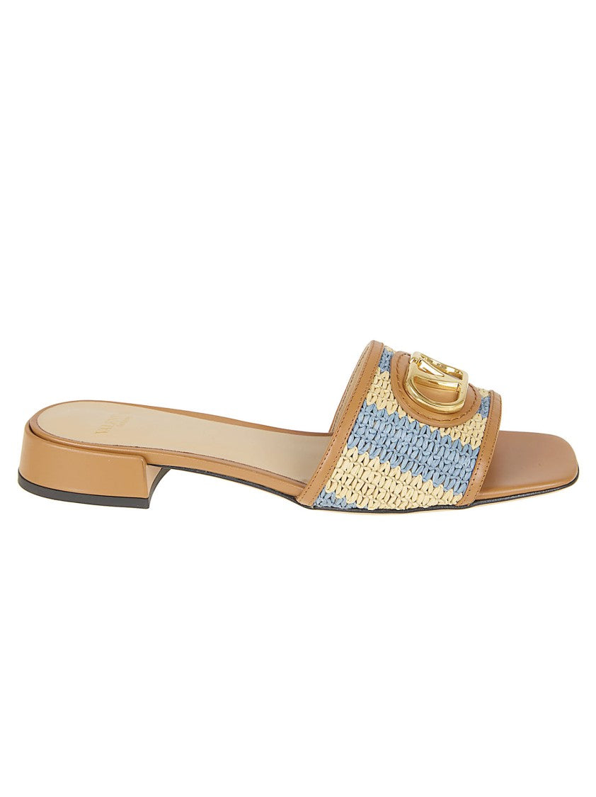 Valentino Garavani Slide Sandal With Crochet Rafia Stripes And Vlogo Signature