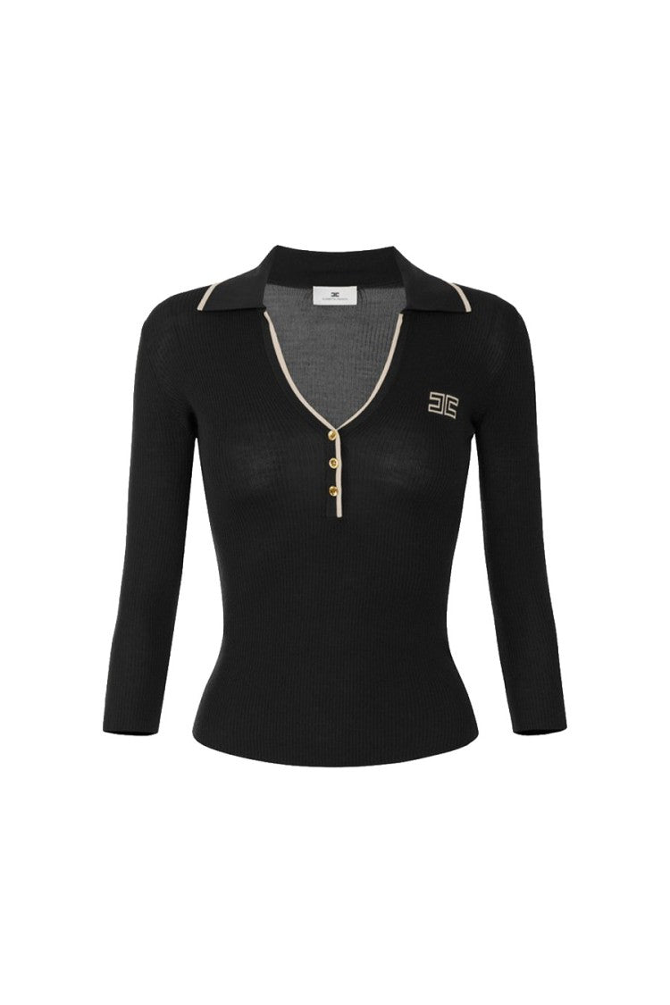 Elisabetta Franchi Black Wool-Blend Contrast-Trim Polo Sweater