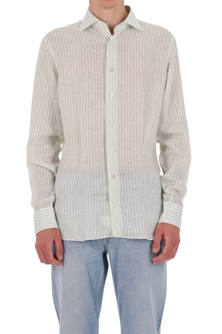 Borriello White Green Striped Linen Shirt