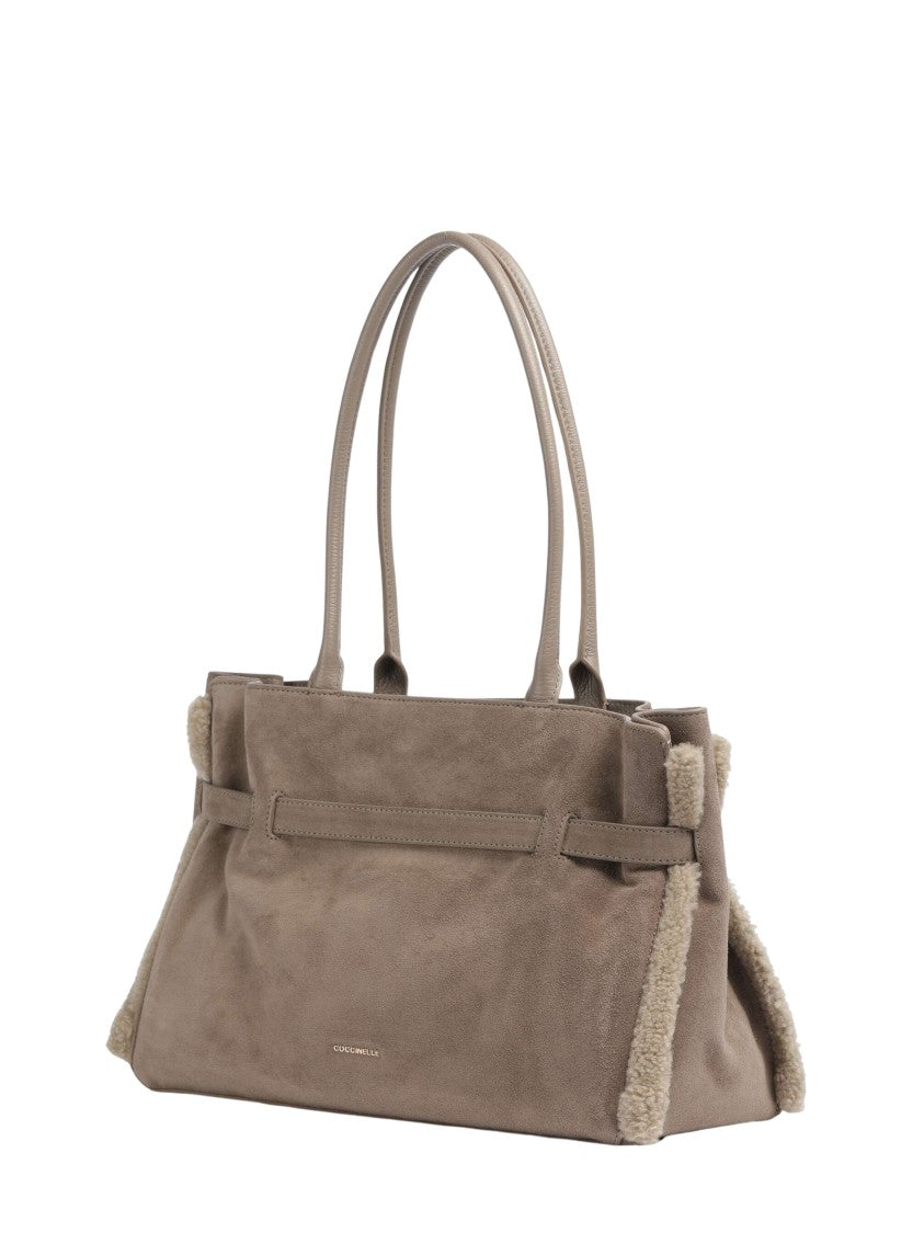 Coccinelle Soft Suede Tote Bag With Shearling Trim