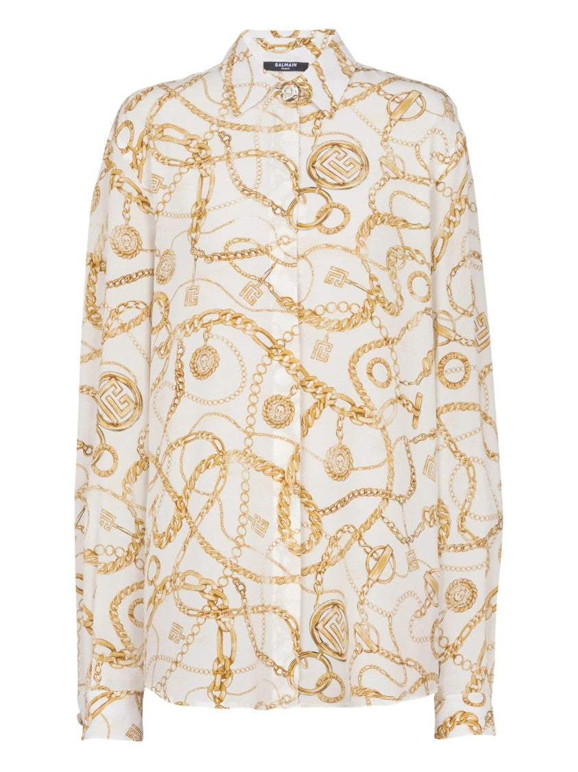 Balmain White Ls Shirt Chain Print Silk Shirt