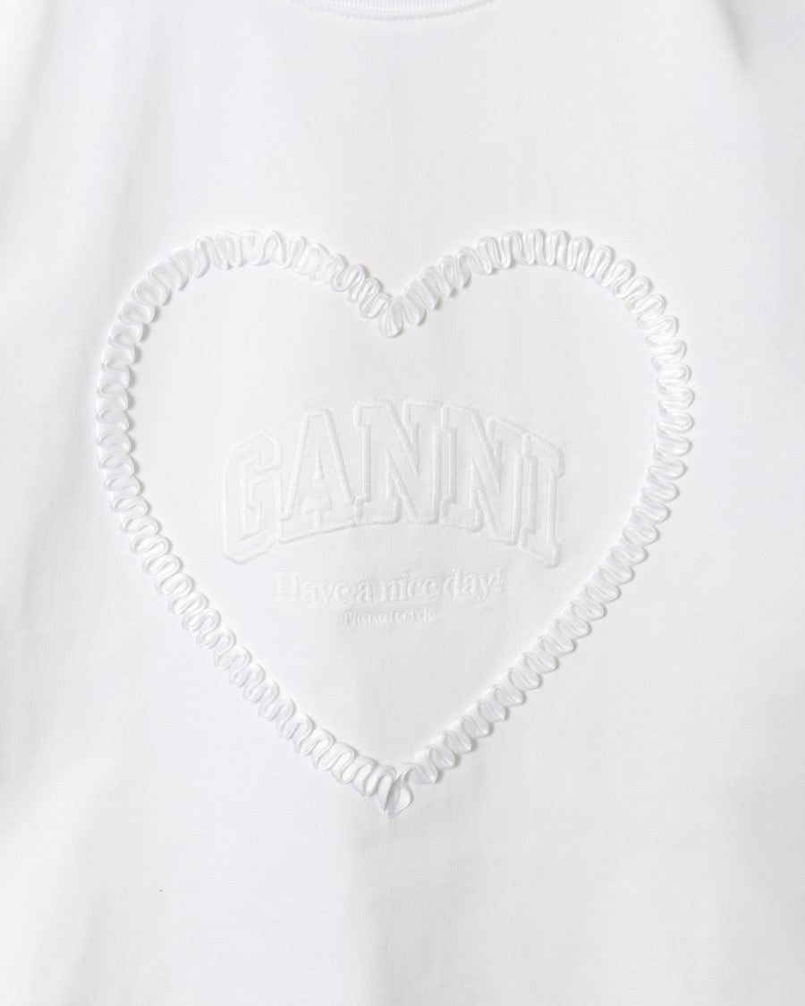 Ganni Heart-Embroidered White Heavy Cotton T-Shirt