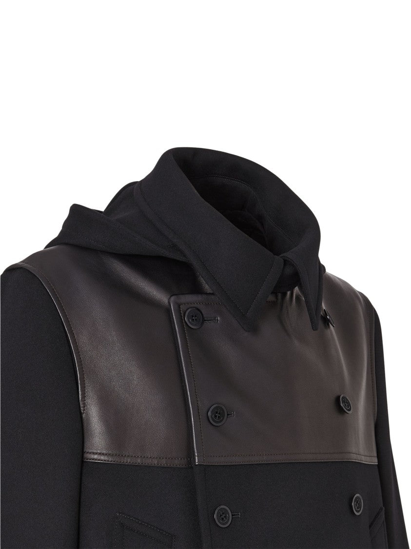 Fendi Black Double-Breasted Leather Yoke Virgin Wool Trench Coat