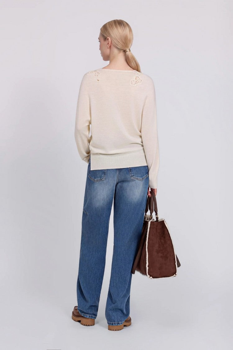 Ermanno Cream V-Neck Ruffled Floral Wool Sweater