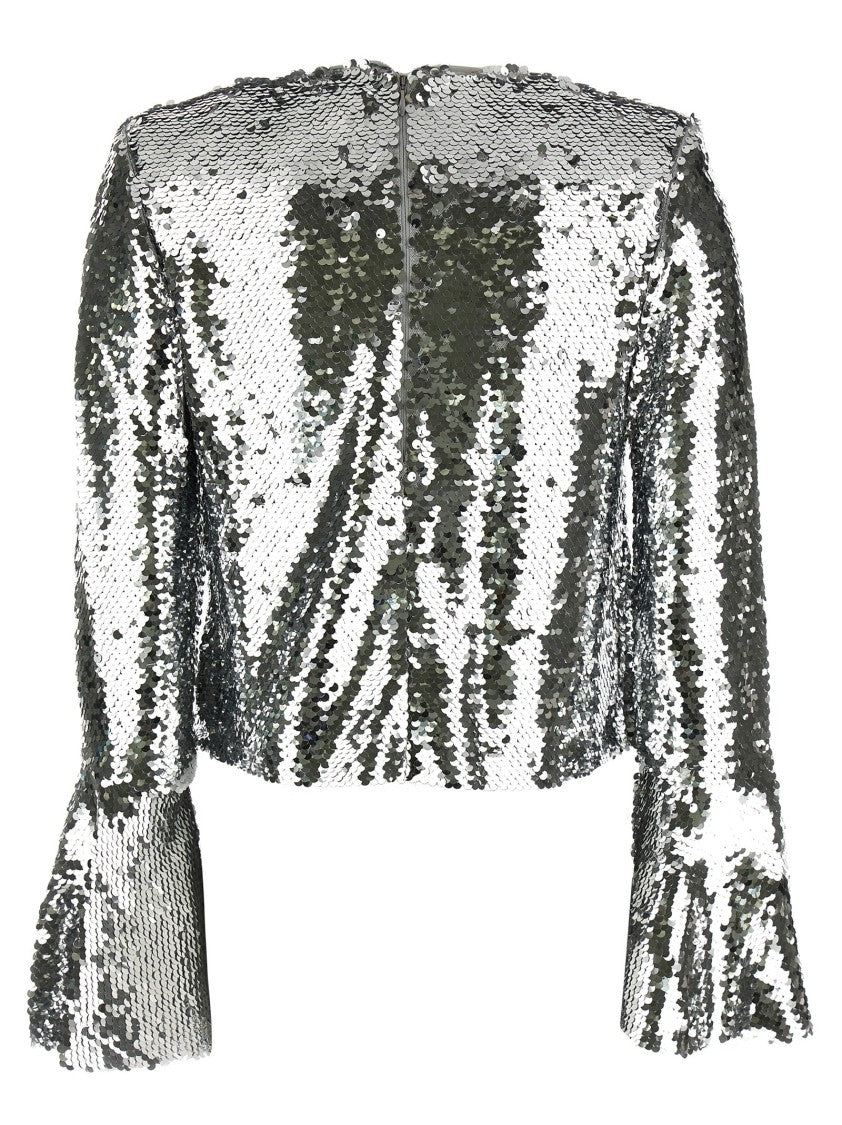 Self-Portrait 'Silver Sequin Flared Sleeve' Top
