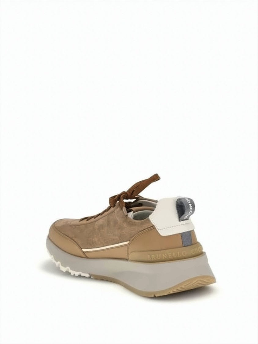 Brunello Cucinelli Warm Brown Calf Leather And Suede Sneakers With Elevated Sole
