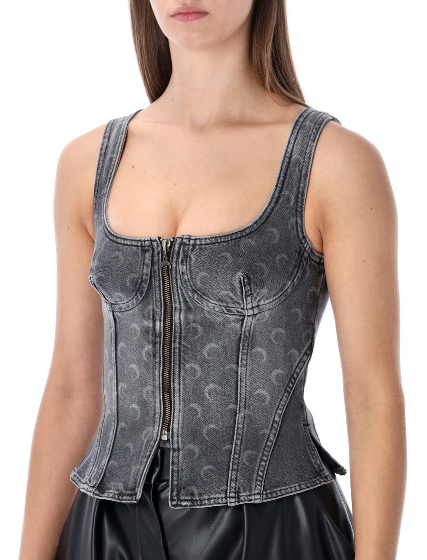 Marine Serre Moon Laser Grey Washed Denim Bustier Top