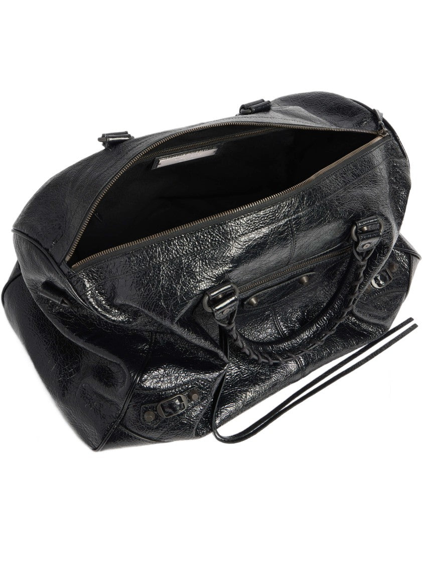 Balenciaga Glossy Black Leather Duffle Bag With Studded Zip Pocket