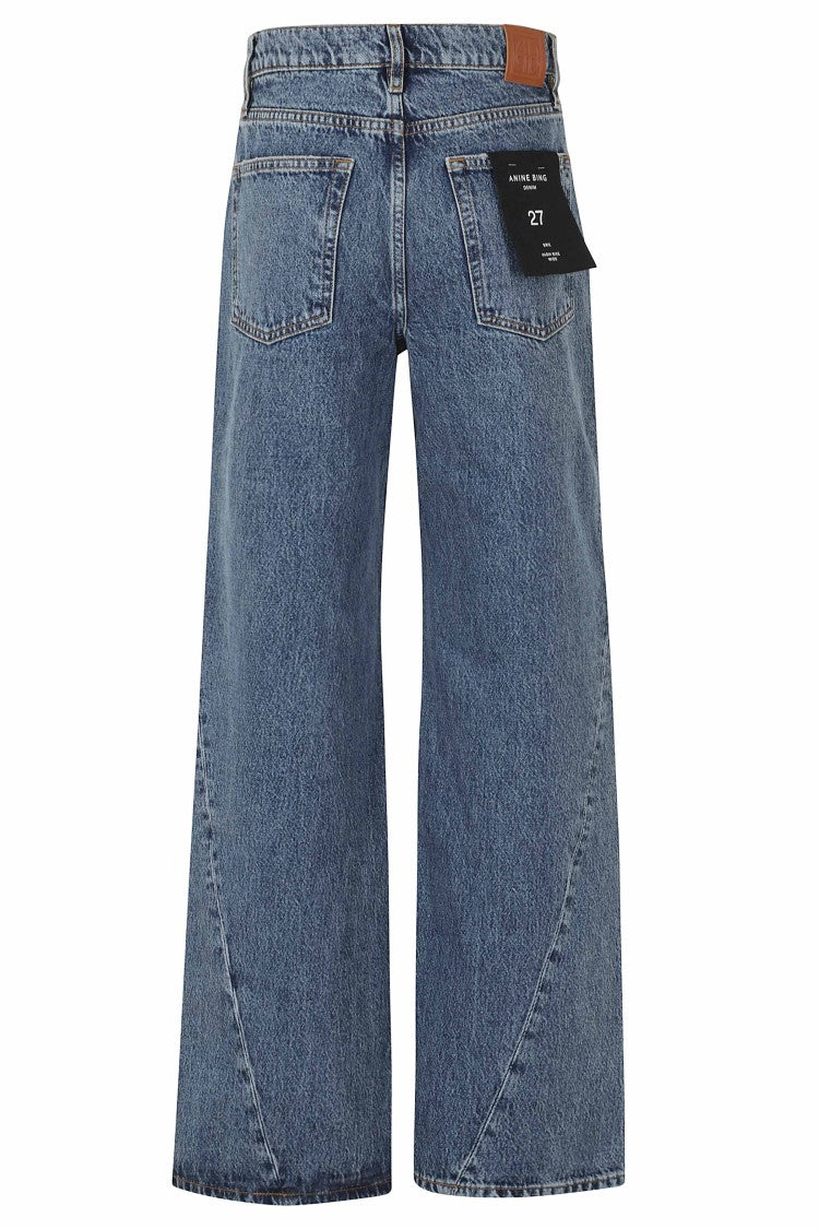 Anine Bing Washed Blue Brie Jean Diagonal-Seam Cotton Wide-Leg Jeans