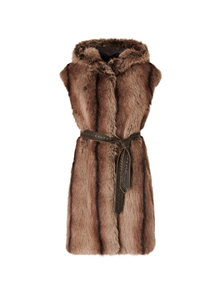 Pinko Sleeveless Fur-Texture Jacket With Waist-Cinching Belt