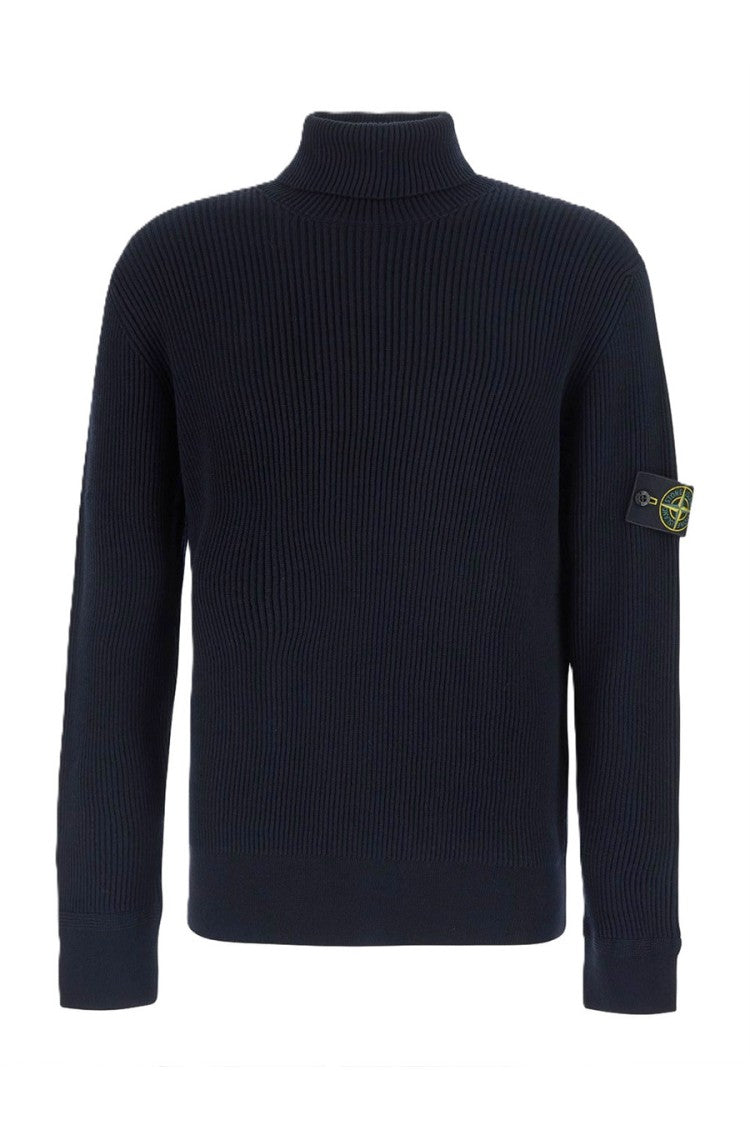 Stone Island Navy Virgin Wool Ribbed Turtleneck Sweater