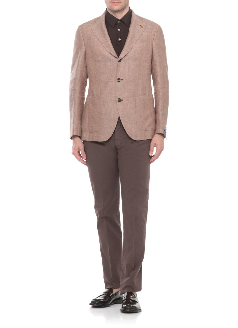 La Torre Red Light Brown Herringbone Linen-Wool Blazer