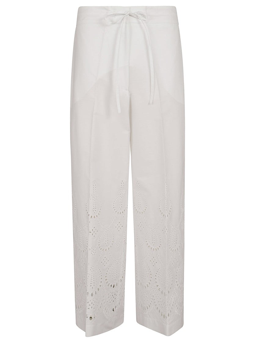 Parosh High-Waisted White Trousers With Intricate Eyelet Embroidery