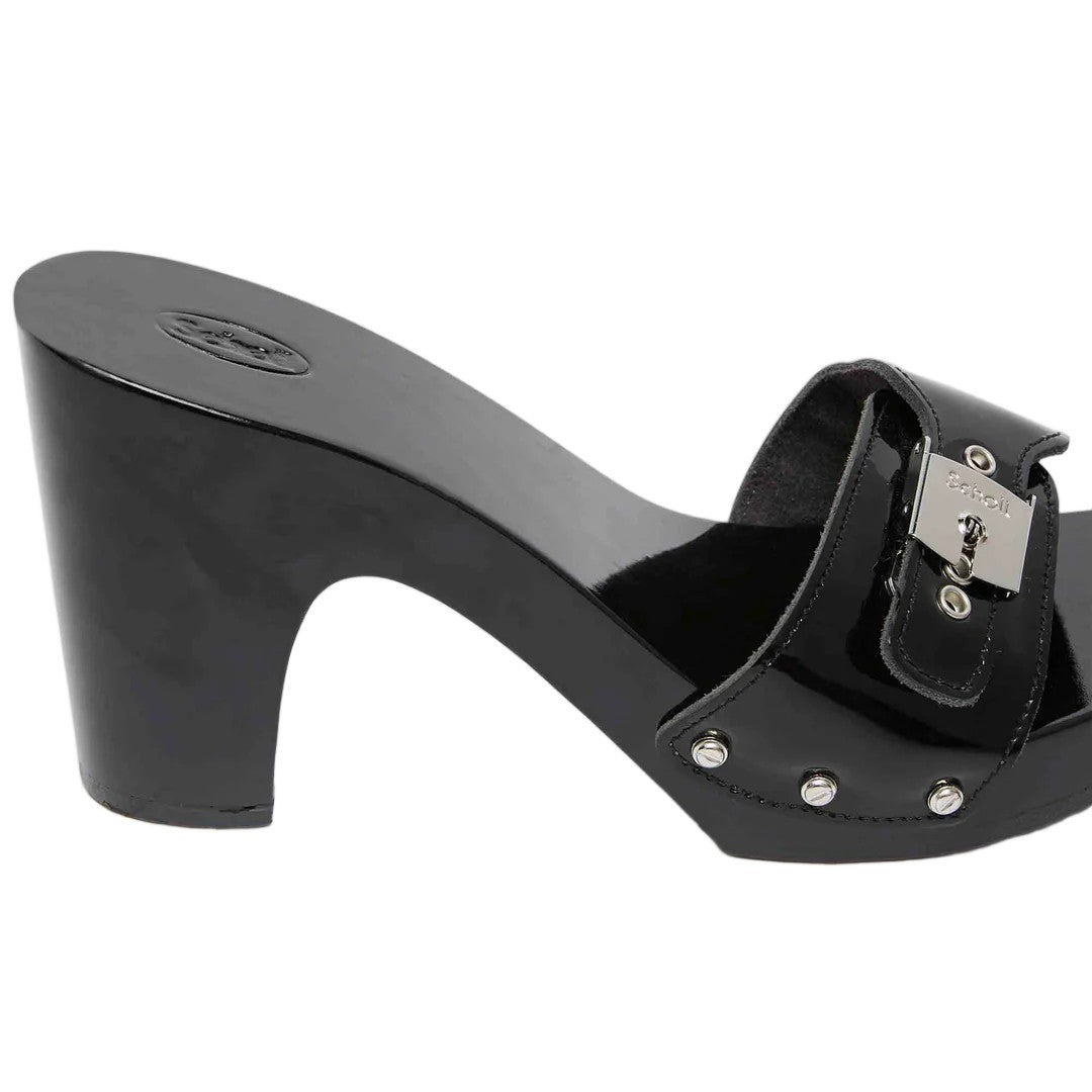 Scholl High-Heeled Wooden Sole Lacquered Suede Sandals