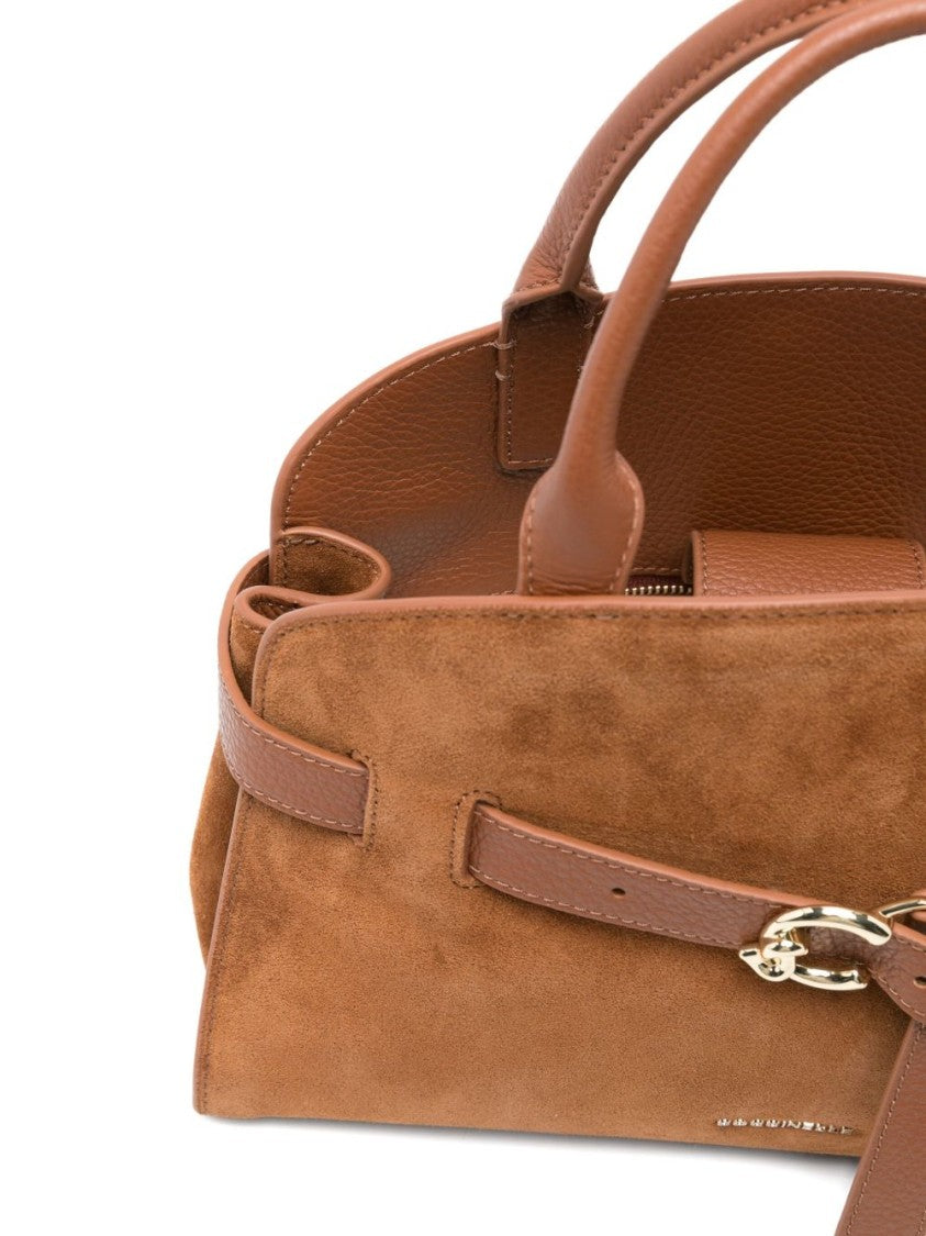 Coccinelle Structured Brown Calf Suede Handbag With Gold-Tone Buckle