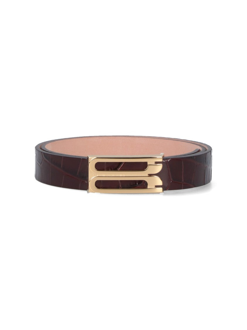 Victoria Beckham Crocodile-Embossed Brown Belt With Geometric Buckle