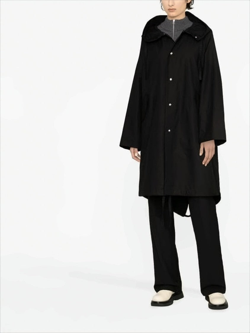 Jil Sander Hooded Black Cotton Coat With Fishtail Hem