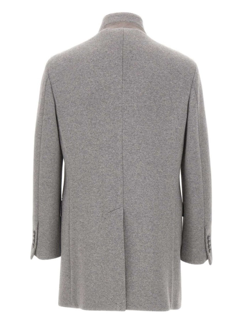Fay Tailored Grey Wool Coat With Stand-Up Collar