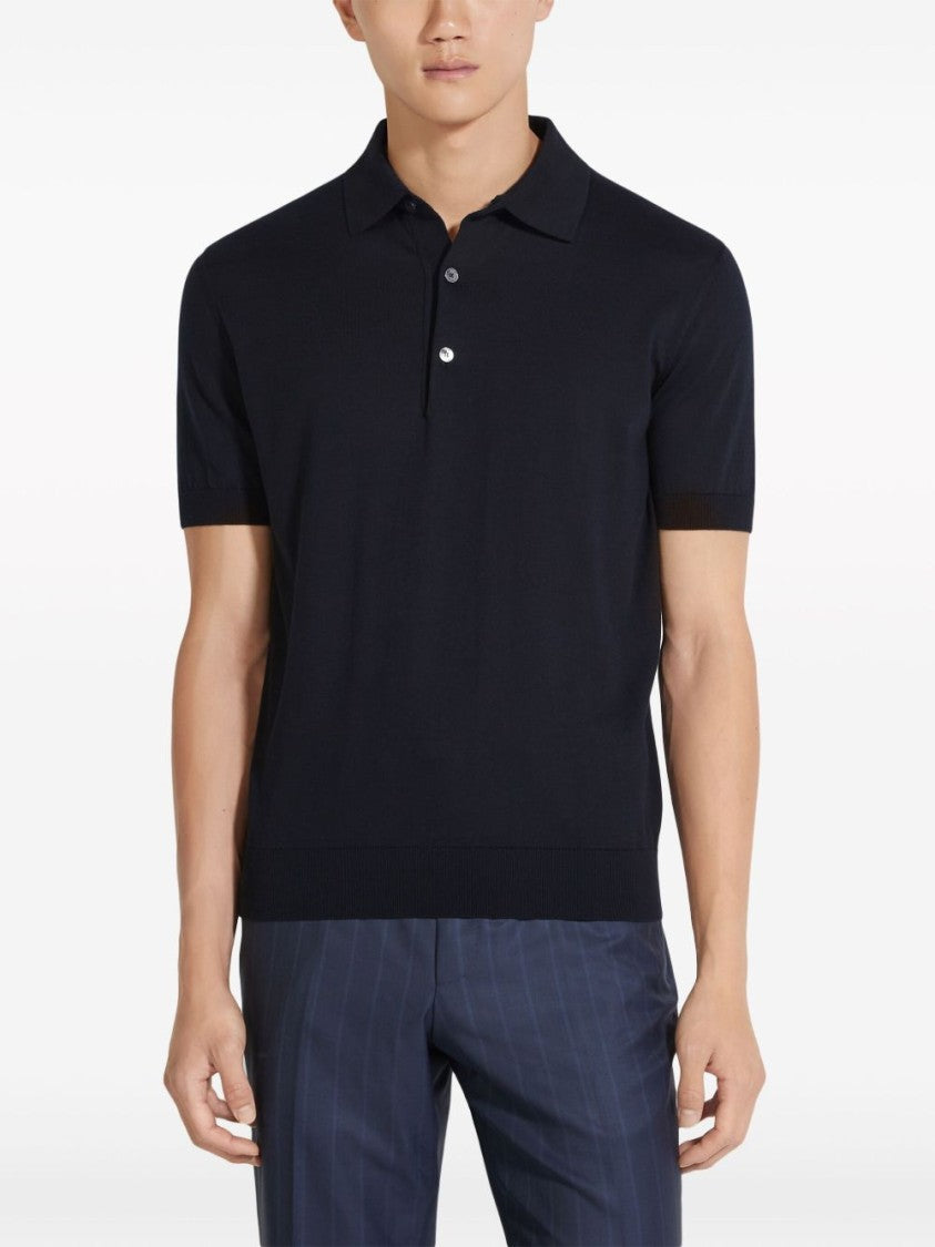 Ermenegildo Zegna Midnight Blue Cotton Polo Shirt With Ribbed Trim And Button Placket