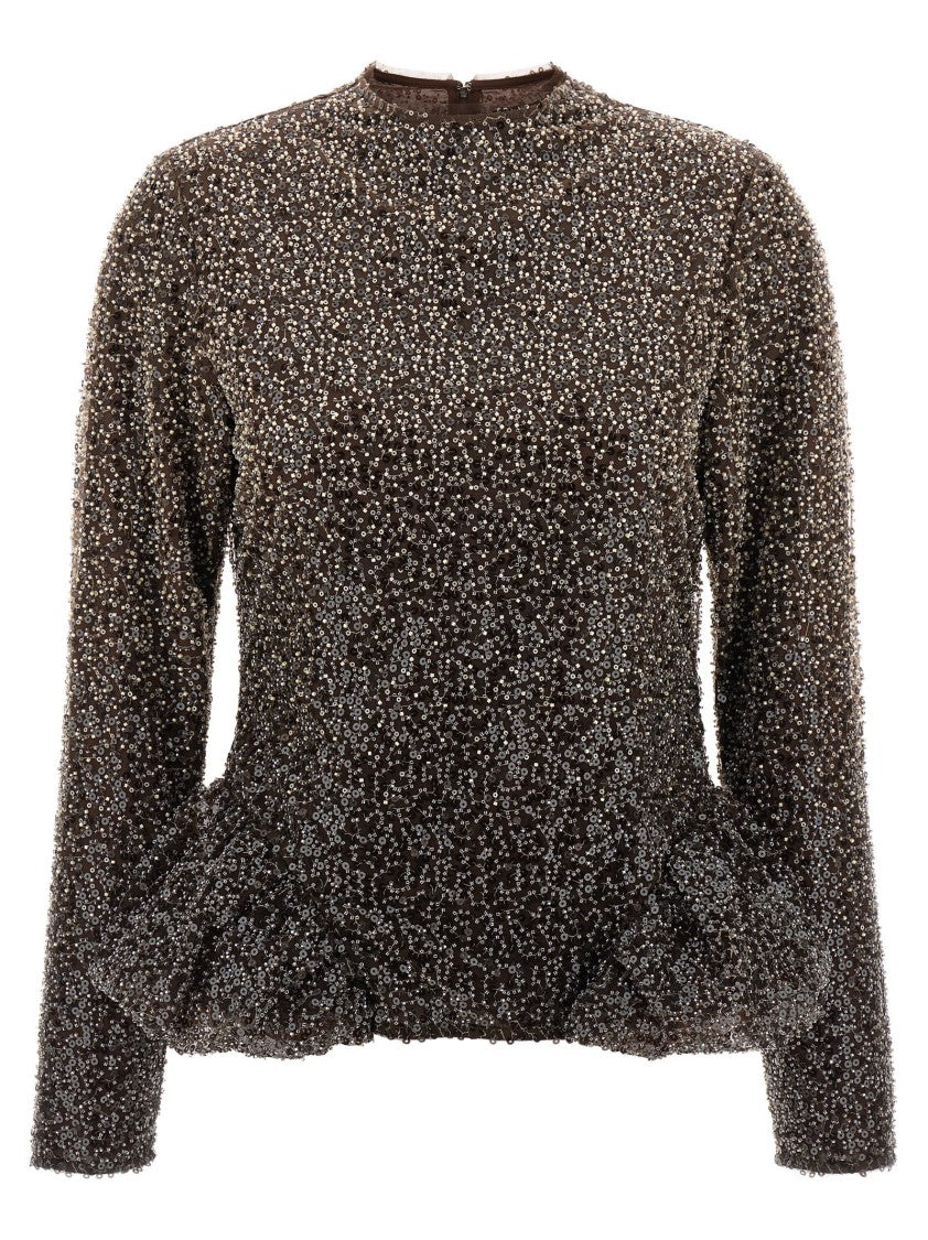 Rotate Birger Christensen Sequined Peplum Top With High Neck