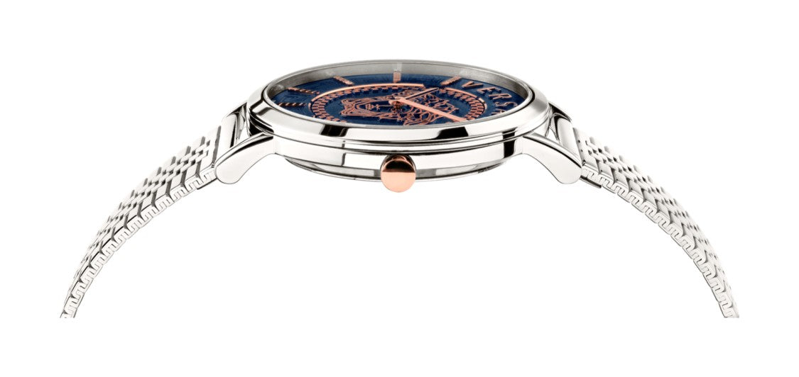 Versace V-Essential 36Mm Steel Watch With Deep Blue Dial And Medusa Design