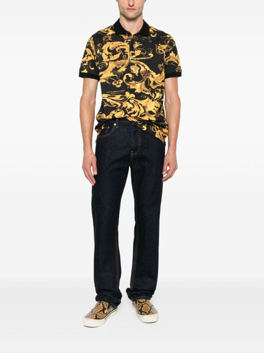 Versace Jeans Couture Baroque-Inspired Black And Gold Polo Shirt