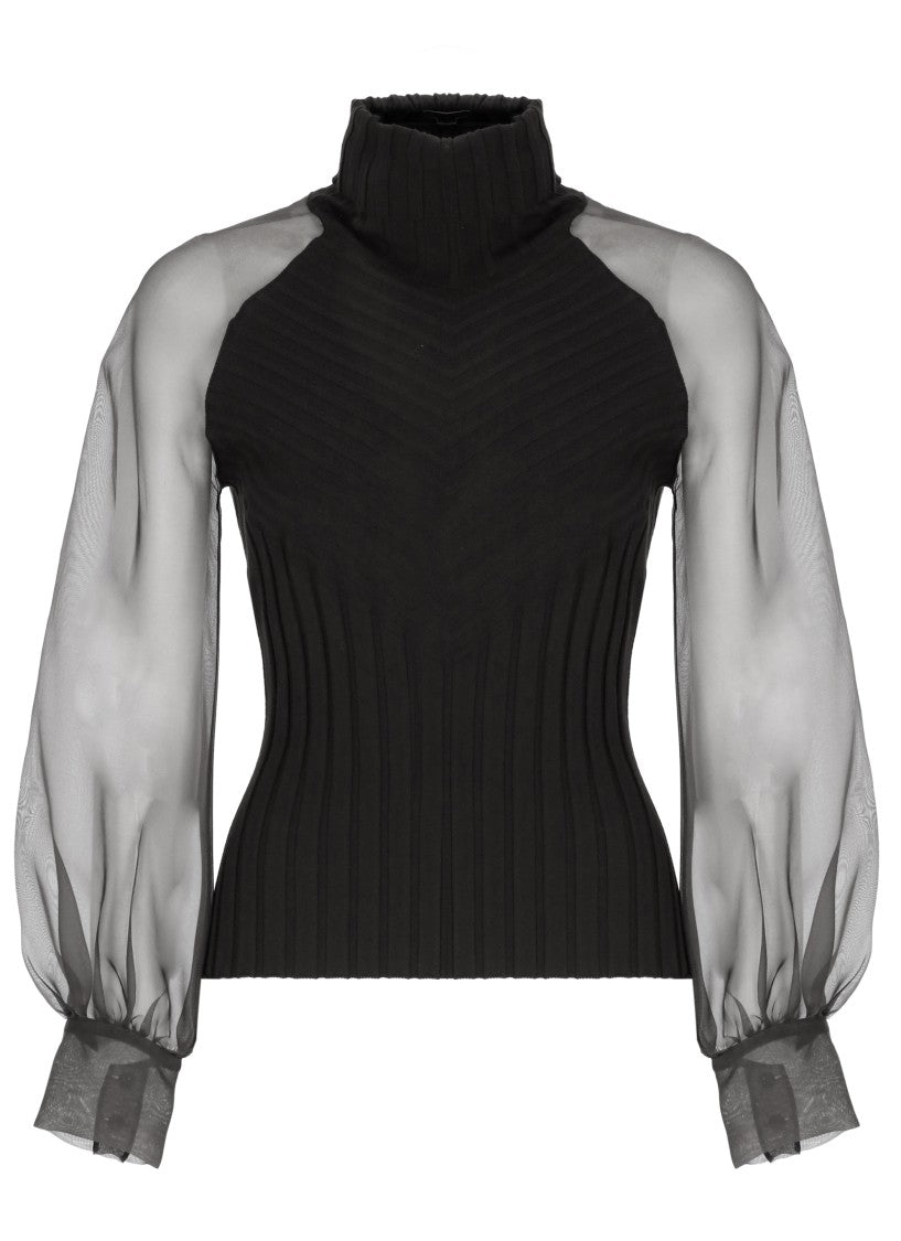 D. Exterior Black Ribbed Viscose Silk Turtleneck Sweater