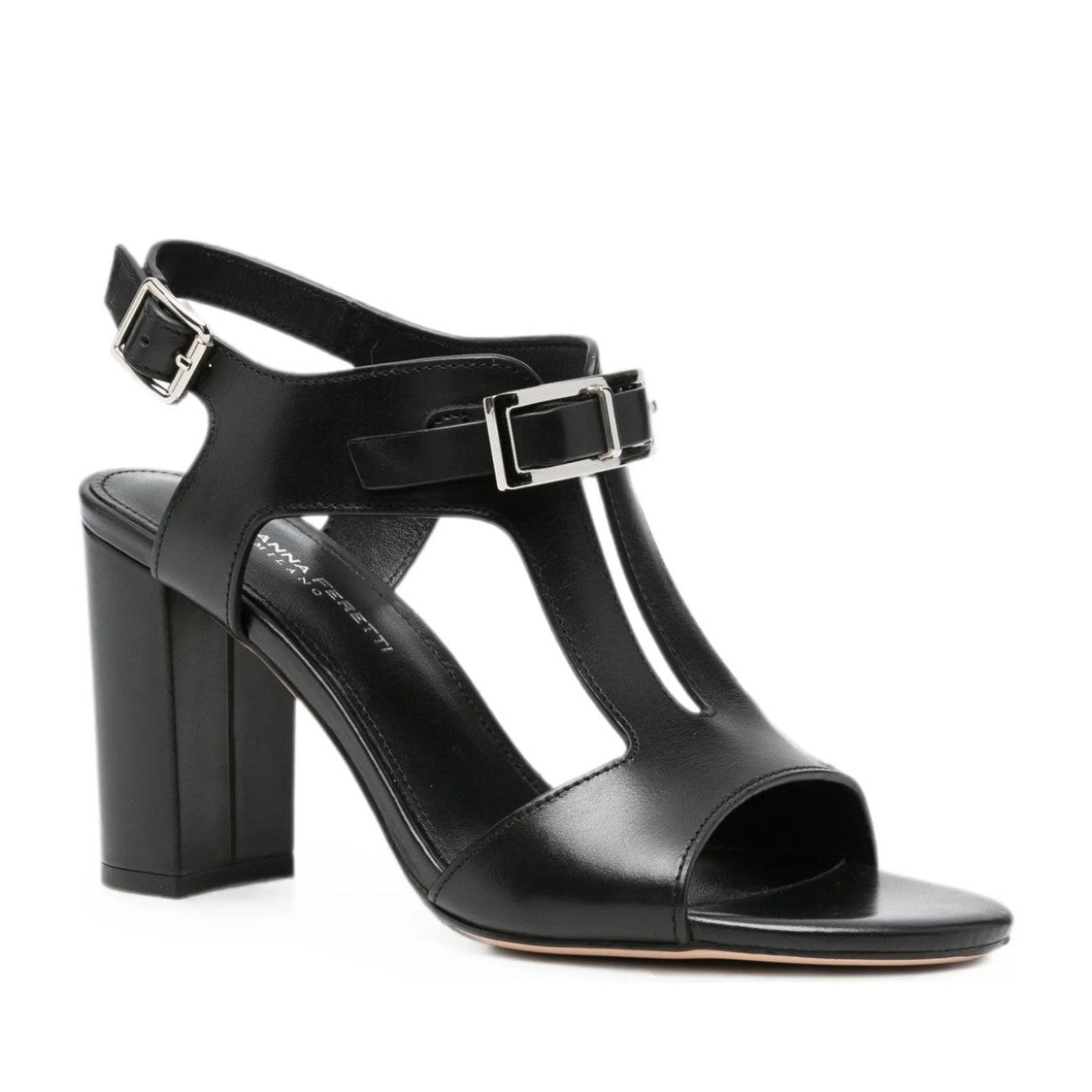 Adrianna Feretti Black High Block Heel T-Strap Sandals