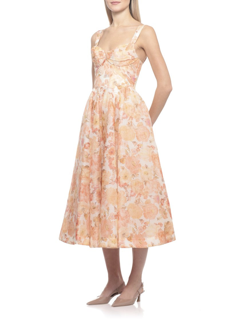 Zimmermann Rebllion Drape Midi Dress With Flared Skirt And Floral Design