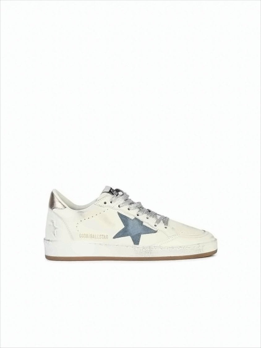 Golden Goose Distressed White Low-Top Sneakers With Contrasting Blue Star