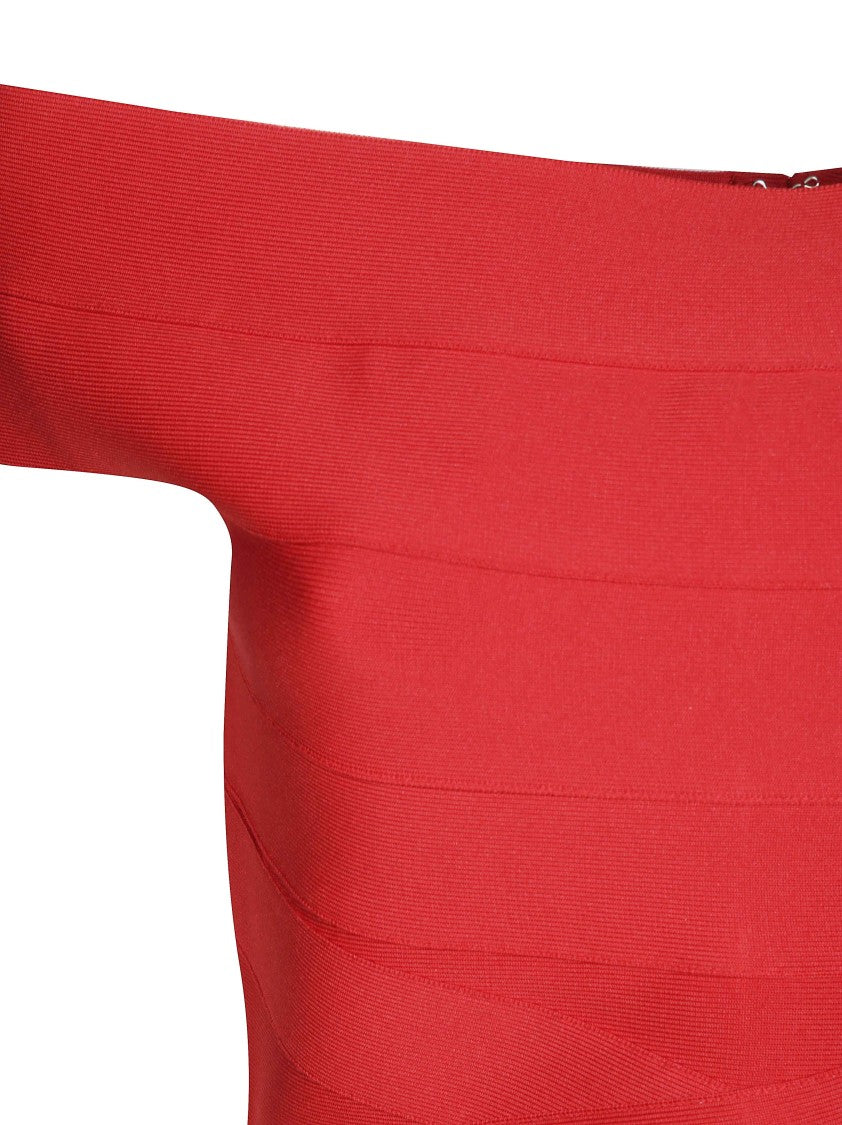 Rotate Off-The-Shoulder Mini Fitted Knit Dress With Bandage Ribbing
