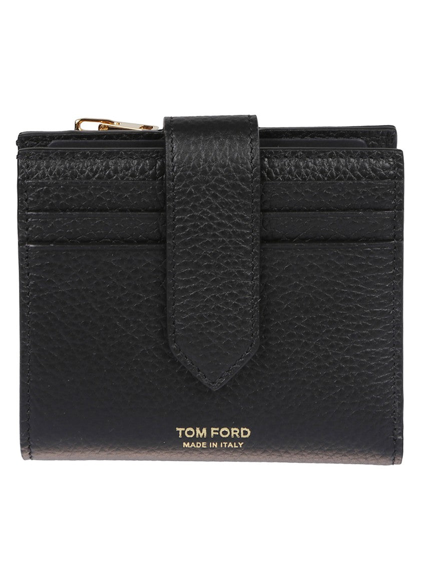 Tom Ford Compact Black Soft Grain Leather Wallet With Secure Snap Closure