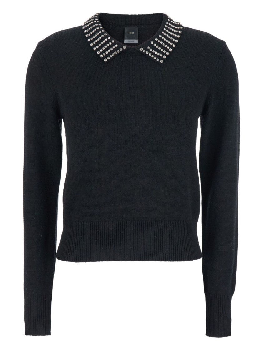 Pinko Classic Black Sweater With Embellished Collar And Ribbed Hem