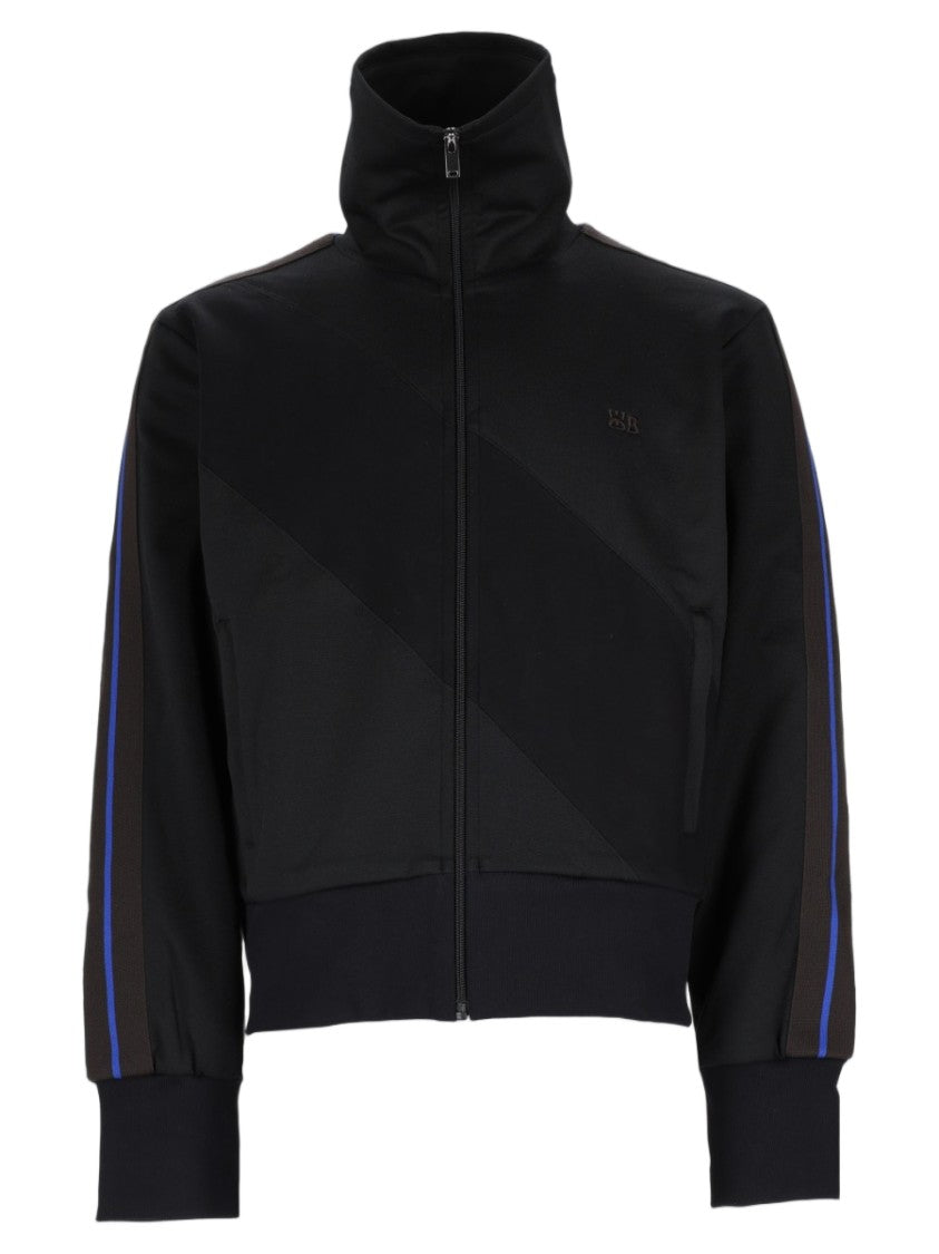 Wales Bonner Cropped Black Sports Jacket With High Collar And Diagonal Paneling