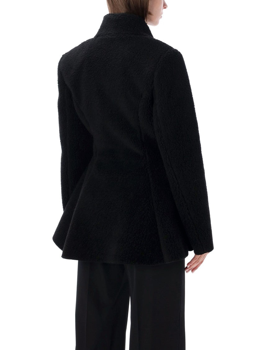 Stella Mccartney Textured Black Waisted Plush Coat With High Collar