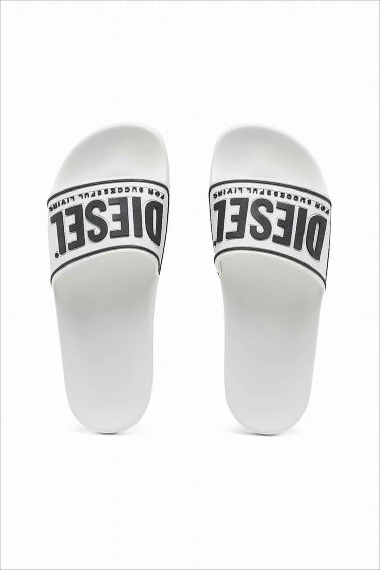 Diesel White Slide Sandals With Bold Branding