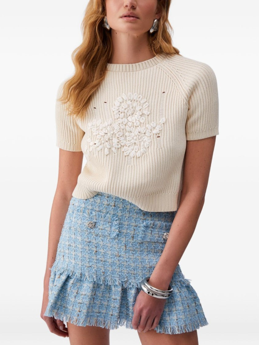 Liu Jo Cream Floral Rib-Knit Top