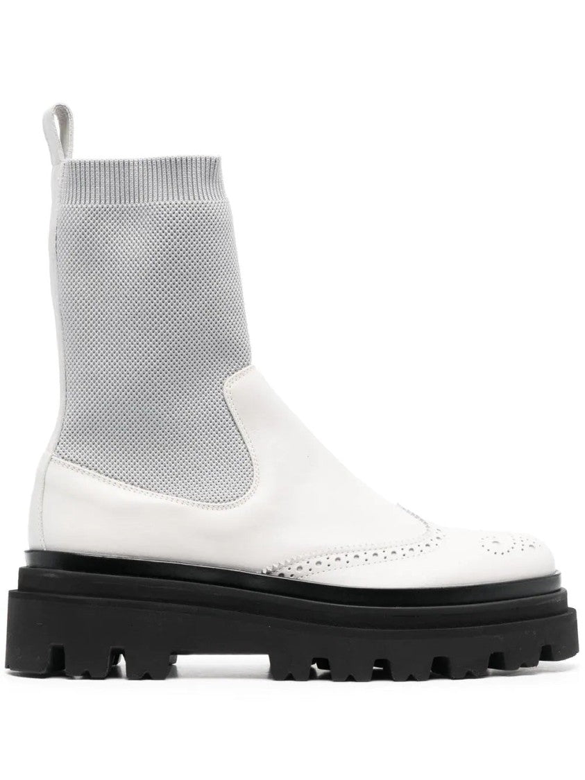 Eleventy Brogue Detail Grey Leather Ankle Boots With Chunky Sole