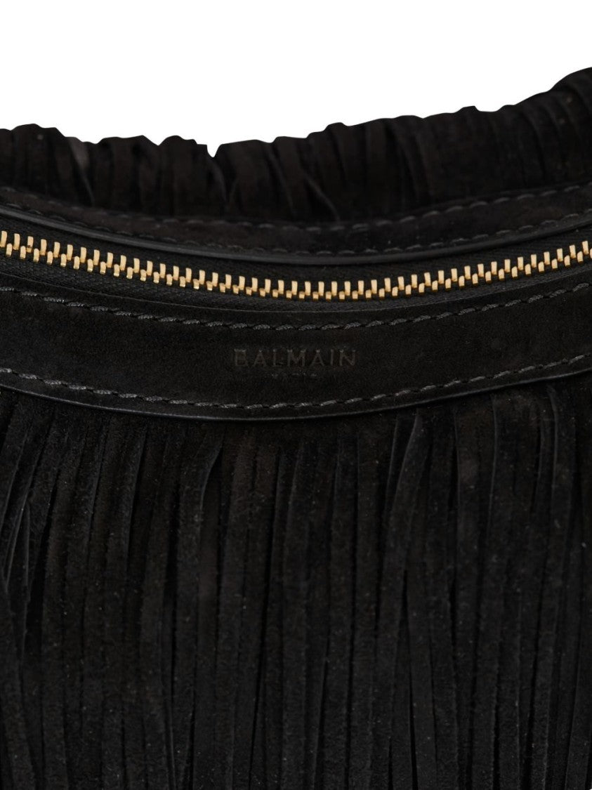 Balmain Black Fringe Detail Suede Shoulder Bag