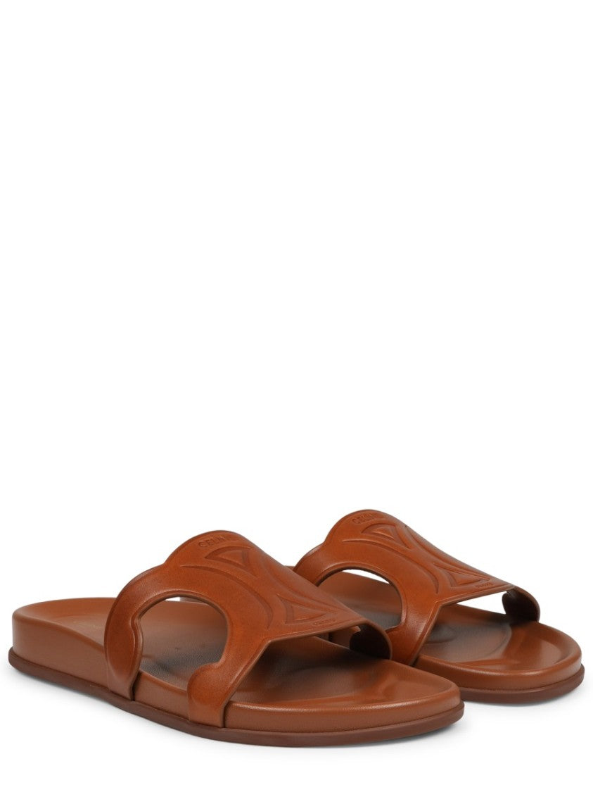 Celine Triomphe Flat Embossed Calf Leather Sandals