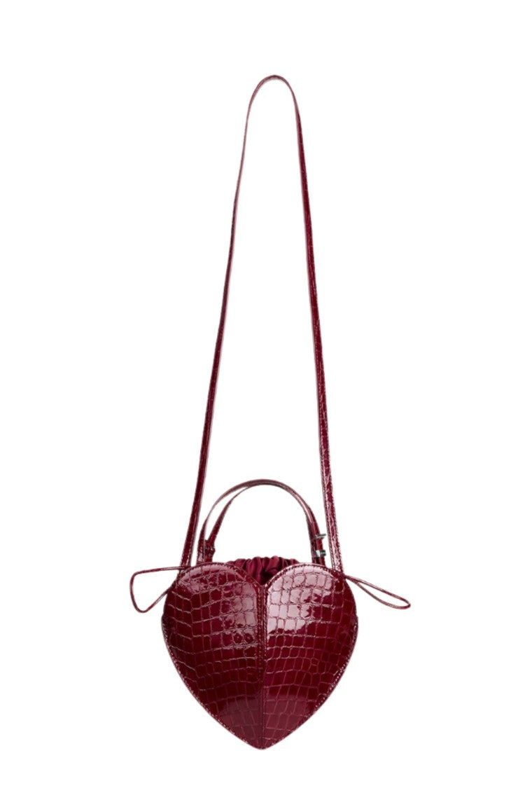 Rotate Shiny Crocodile-Effect Heart Bag With Adjustable Strap