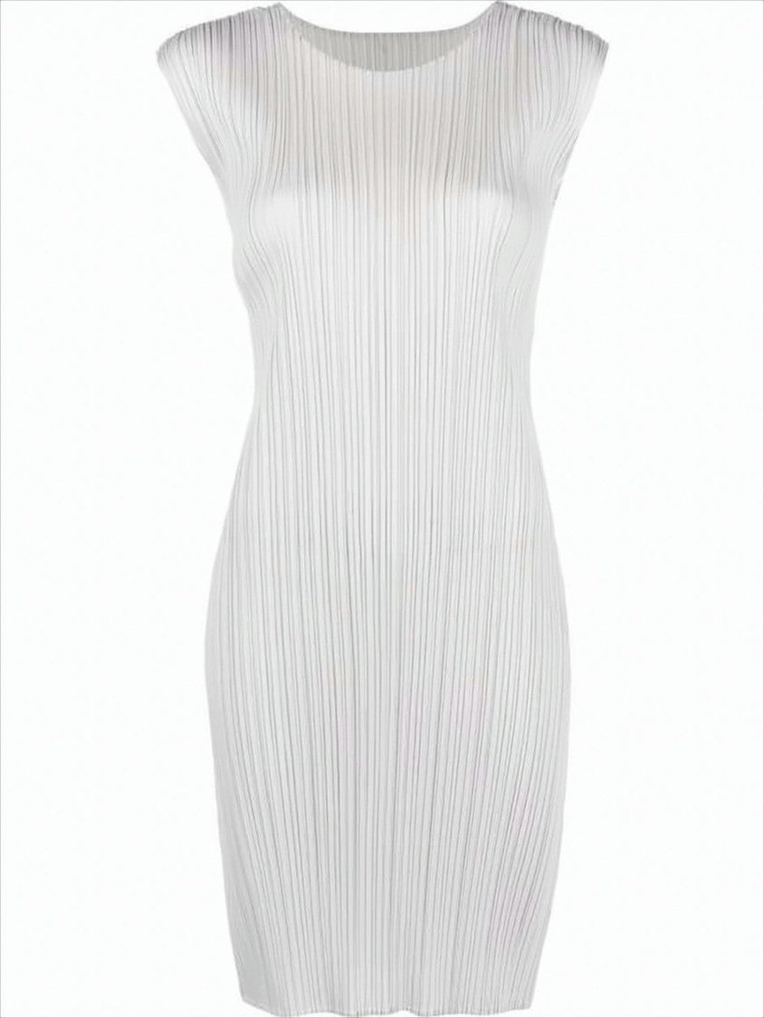 Pleats Please Fitted White Pleated Mini Dress With Cap Sleeves