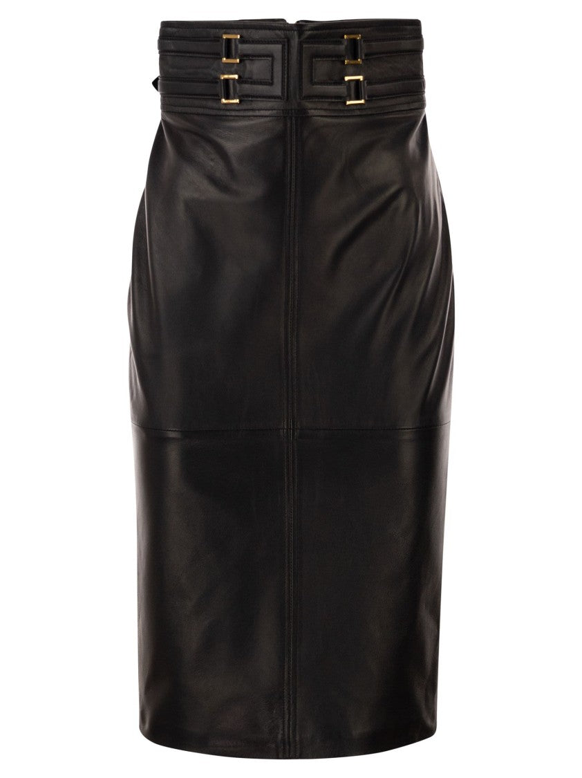 Elisabetta Franchi Midi Leather Skirt With Embossed Logo