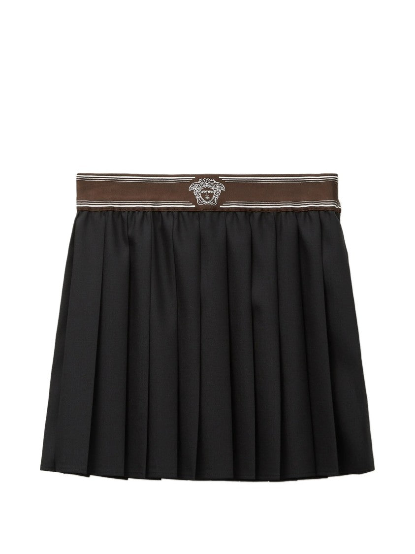 Versace Pleated Mini Skirt With Wide Waistband And Emblem
