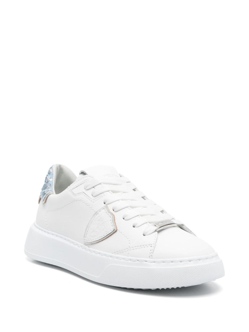 Philippe Model White Leather Sneakers with Textured Blue and Silver Accents