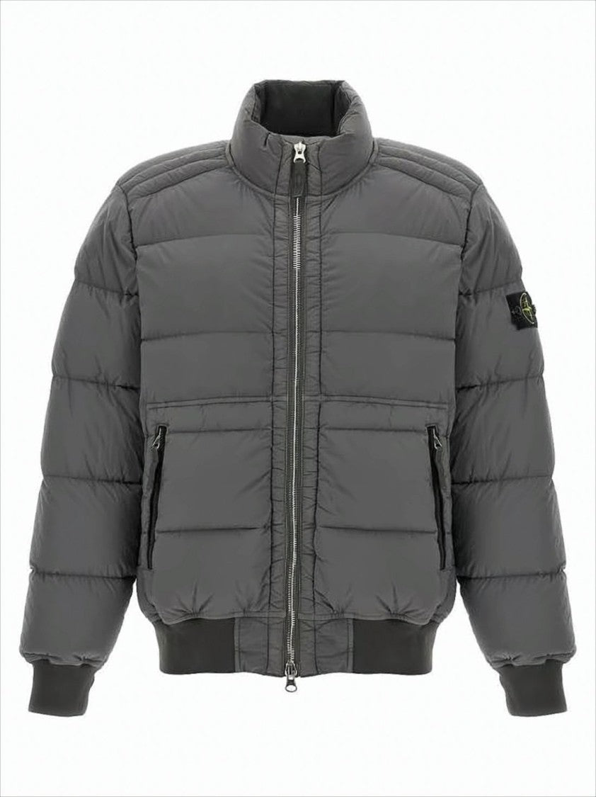 Stone Island Quilted Grey Padded Jacket With High Collar And Distinctive Patch