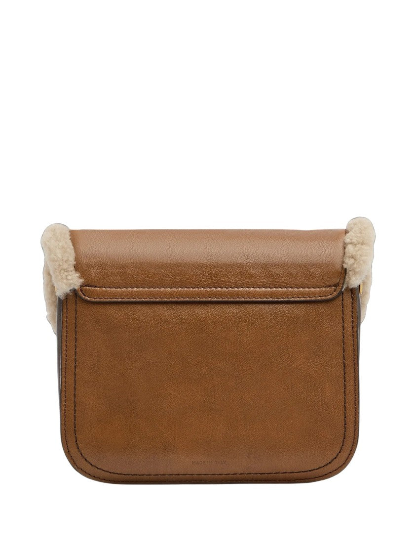 The Bridge Structured Shoulder Bag In Tan Brown Leather With Shearling Trim
