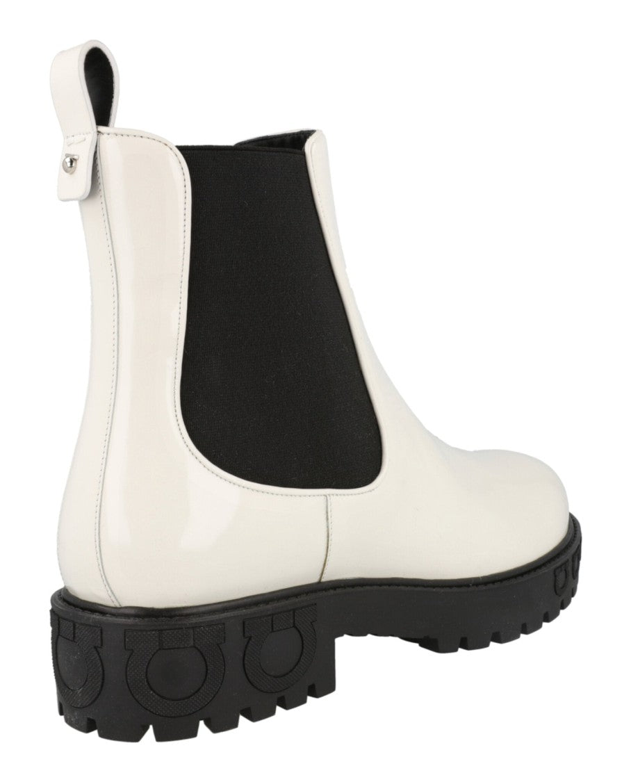 Ferragamo Varsi Patent Leather Bootie With Block Heel And Studded Accent